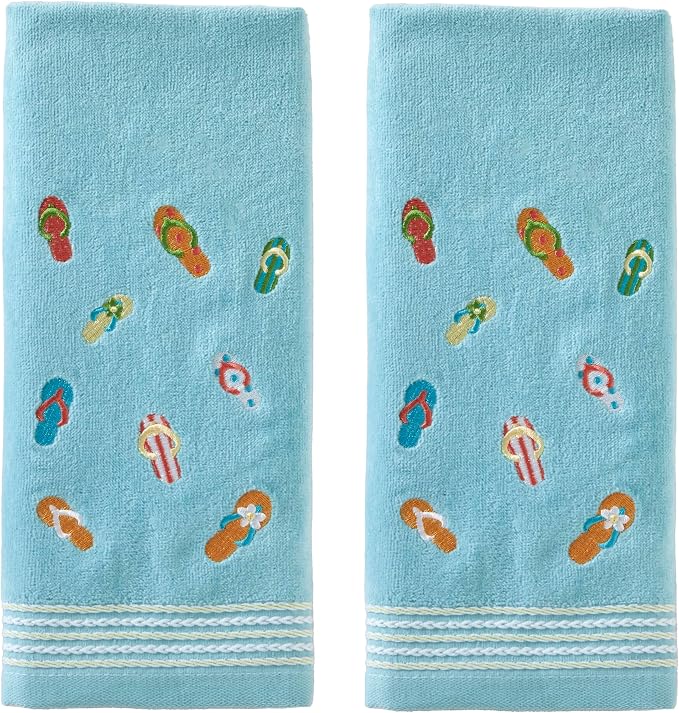 SKL Home Flips & Flops Hand Towel Set-2pc, 100% Cotton, Embroidered, Blue | Decorative velour for summer fun & everyday décor. Can be used in the bathroom, kitchen, bar, or any sink space.