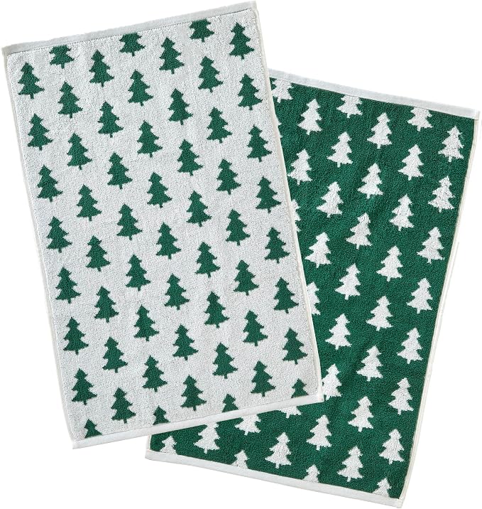 SKL Home Christmas/Winter Holiday Trees Hand Towel Set-2pc, Green/White | 100% Cotton. 500 GSM. Soft & absorbent. Reversible jacquard pattern. Great for the bathroom, kitchen or bar & gifting.