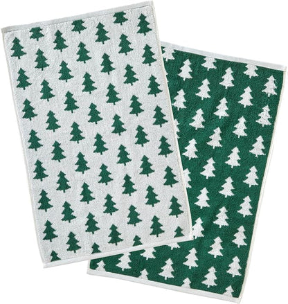 SKL Home Christmas/Winter Holiday Trees Hand Towel Set-2pc, Green/White | 100% Cotton. 500 GSM. Soft & absorbent. Reversible jacquard pattern. Great for the bathroom, kitchen or bar & gifting.