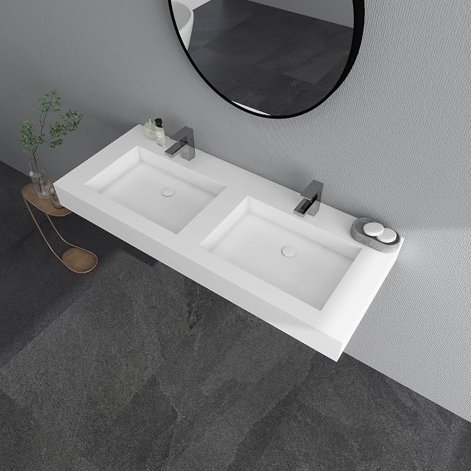 SJ STAR&JANE 48" x 19" Solid Surface Bathroom Sink, Wall Mounted Vessel Sink, Stone Resin Countertop With Double Bowl in Matte White Rectangle Double Floating Vanity Sink Durable Modern Design