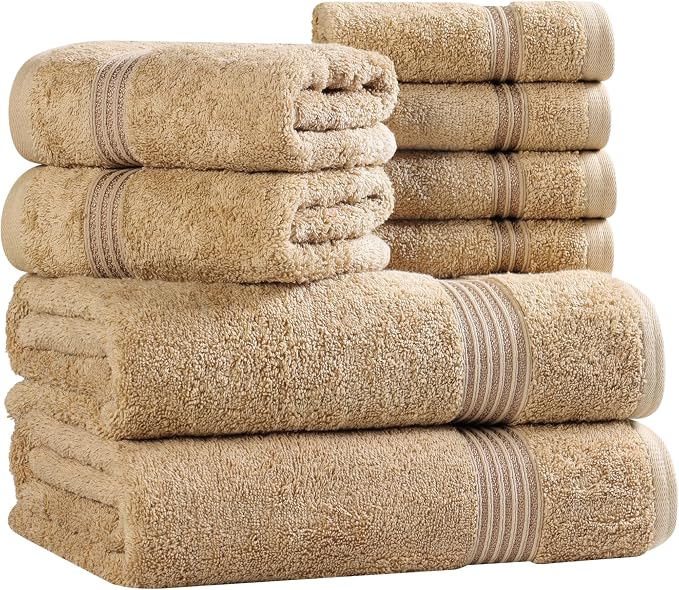 Superior Egyptian Cotton 8-Piece Towel Set, Assorted Towels for Home Bathroom, Guest Bath Decor Essentials, Includes 2 Bath, 4 Hand, 2 Face Towels/Washcloths, Quick Dry, Absorbent, Toast