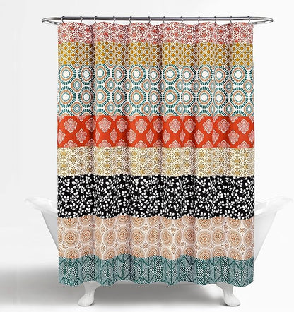 Lush Decor Bohemian Stripe Shower Curtain 72" W x 78" L Turquoise & Orange - Bathroom Curtain - Extra Long Shower Curtain - Boho Decor - Fabric Shower Curtains