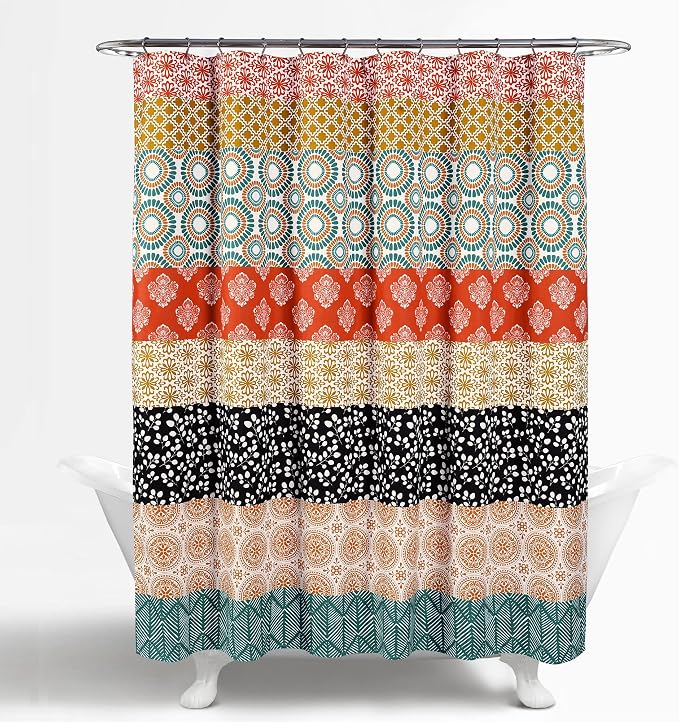 Lush Decor Bohemian Stripe Shower Curtain 72" W x 78" L Turquoise & Orange - Bathroom Curtain - Extra Long Shower Curtain - Boho Decor - Fabric Shower Curtains