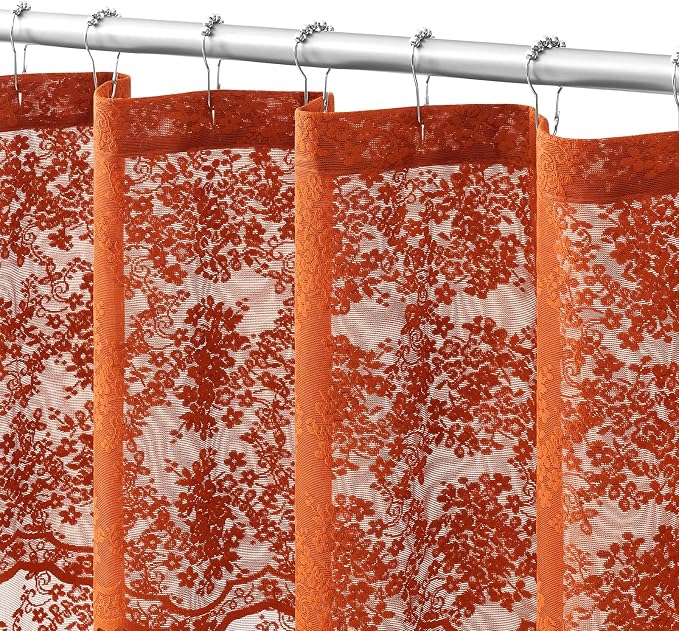 TUDECO Long Orange Shower Curtain with Attached Valance, 72W x 84L Inch | Autumn Bathroom Decor, Terracotta Floral Lace, Boho Farmhouse Charm, Brightens Space, Scalloped Edges, Reinforced Holes