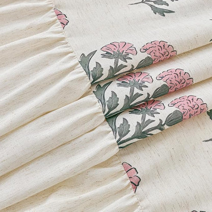 ORTIGIA Linen Textured Ruffle Shower Curtain with Metal Hooks, Vintage Pink Floral Block Print Boho Waterproof Bath Curtain for Rustic Farmhouse Bathroom Decor 72x72 Inch