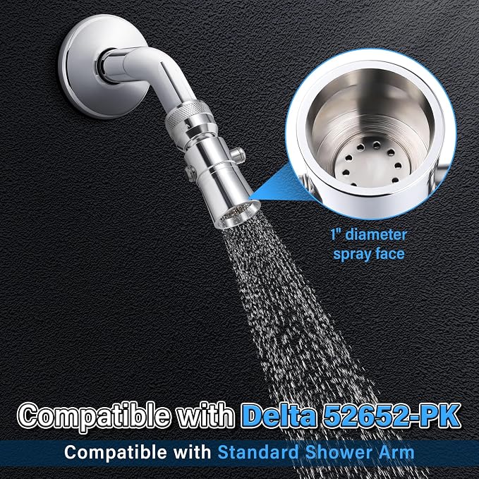 Enhon 2 Setting Spray Shower Head compatible with Delta 52652-PK, 2 Set | 2 Setting Full Spray & Pause, 2.5 GPM Brass Water Saving Shower Head, Stainless Steel Polished Chrome, 1" Diameter Spray Face