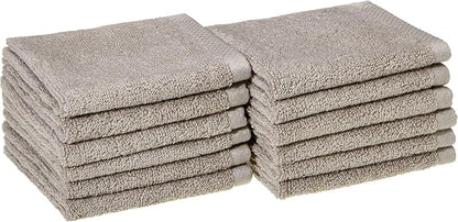 Amazon Basics 100% Cotton Washcloths, Quick-Dry, 12" x 12", Platinum, 12-Pack