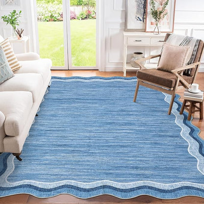 Garvee Scalloped Rug 10x13 Washable Area Rug for Living Room Blue | Rugs for Living Room, Non-Slip Soft Carpet for Bedroom, Scalloped Low-Pile Solid Rug Accent Rug for Dining Room Home Office