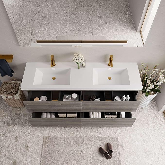 72" Freestanding Bathroom Vanity with 2 Sinks, Storage Cabinet with Stone Resin Countertop, 4 Soft Close Drawers, Espresso Wood, Pre-Assembled Base, Ash Grey