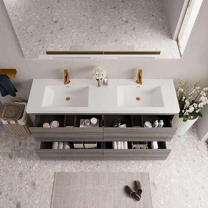 72" Freestanding Bathroom Vanity with 2 Sinks, Storage Cabinet with Stone Resin Countertop, 4 Soft Close Drawers, Espresso Wood, Pre-Assembled Base, Ash Grey