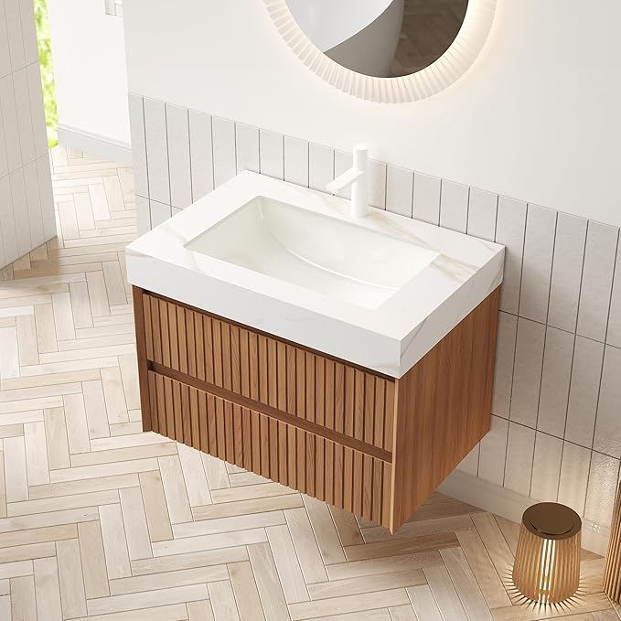 30" Bathroom Vanity with Sink, Modern Bathroom Floating Vanity with Travertine-Pattern Sintered Stone Top & Ceramic Undermount Basin, Pre-Assembled W/2 Drawers, Espresso/W