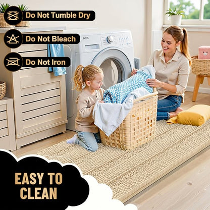OLANLY Thick Small Bathroom Rugs 24x16, Soft Chenille Bath Rugs, Beige | Rubber Backing, Machine Wash, Extra Absorbent Striped Bath Mats for Bathroom Floor, Tub and Shower, Home Decor Accessories