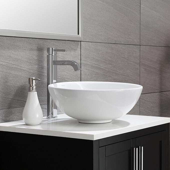 KRAUS Elavo Round Vessel White Porcelain Ceramic Bathroom Sink, 16 inch KCV-141