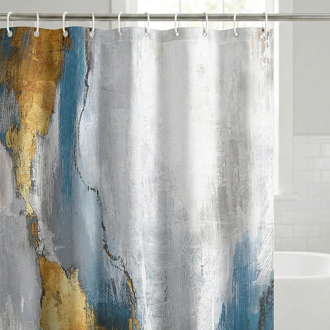 Americanflat 71x74 Marbled Texture Shower Curtain - Water-Resistant Long Shower Curtain with Durable Metal Grommets and 12 Hooks - 100% Polyester - Slate Blue, Warm Gold, Grey and White