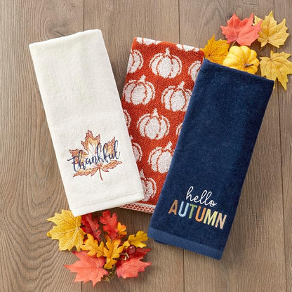 SKL Home Fall/Thanksgiving Pumpkin Hand Towel Set-2pc, Jacquard, Spice | 100% Cotton. Soft, absorbent & reversible. For use in the bathroom, kitchen or bar & gifting.