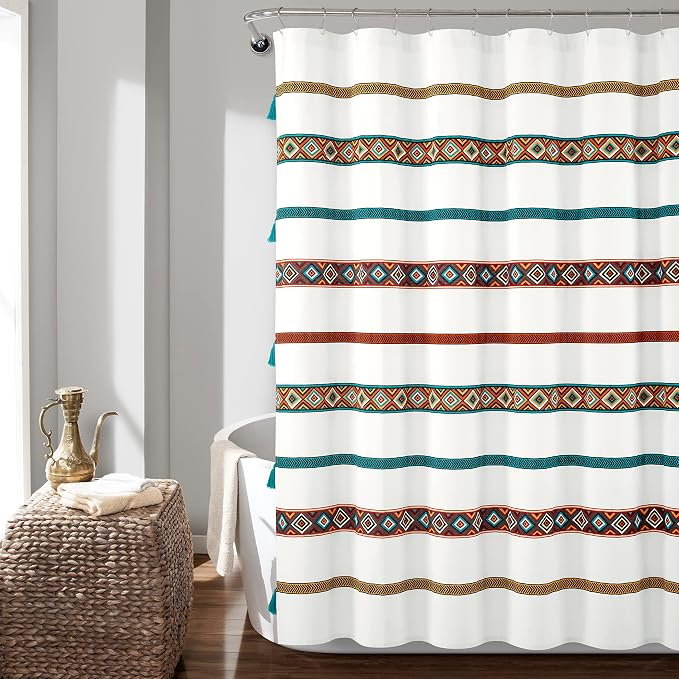 Lush Decor Ava Boho Stripe Tassel Cotton Blend Shower Curtain Single 72" W x 72" L Turquoise & Orange - Striped Shower Curtains for Bathroom Curtain
