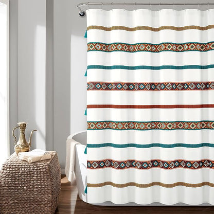 Lush Decor Ava Boho Stripe Tassel Cotton Blend Shower Curtain Single 72" W x 72" L Turquoise & Orange - Striped Shower Curtains for Bathroom Curtain