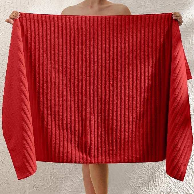 Elegant Comfort 100% Turkish Cotton Corduroy Ribbed Luxury Jumbo Bath Towel Ultra Soft - 35 x 70 Inch - Luxury Spa Premium Hotel Quality Highly Absorbent and Quick Dry Large Bath Towel, Red
