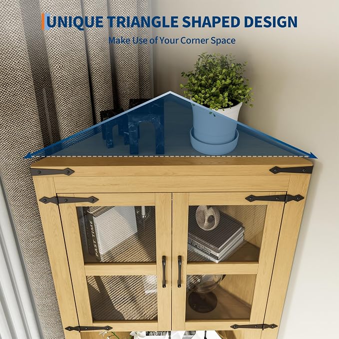 GarveeHome 67" Tall Corner Storage Cabinet, Farmhouse Corner Hutch Display Cabinet with Glass Doors, Wooden Storage Organizer for Kitchen, Living Room, Bathroom, Natural