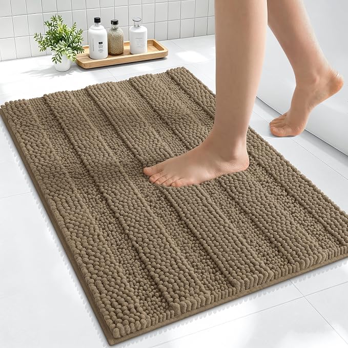 Smiry Thick Small Chenille Bathroom Rugs 24x16, Absorbent Bath Mat, Tan | Quick‑Dry & Machine Washable, Non‑Slip Bath Carpet, Soft Striped Bath Rugs for Tub & Shower, Modern Home Decor Accessories