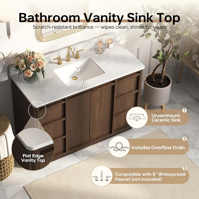 48" Fully Assembled Bathroom Vanity with Sink, Dark Brown | Solid Wood Frame Vanity with Engineered Stone Top & Backsplash, Ceramic Sink, 6 Full-Extension Drawers & 2 Soft-Close Doors