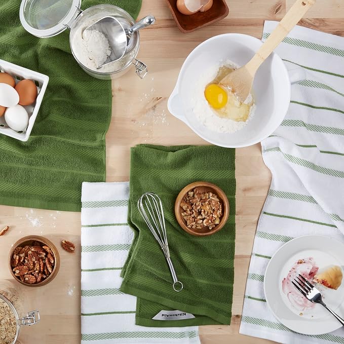 KitchenAid Albany Kitchen Towel 4-Pack Set, Matcha Green/White, 16"x26"