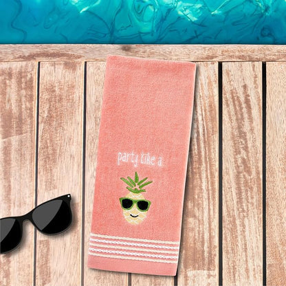SKL HOME by Saturday Knight Ltd. Party Pineapple 2 Pc Hand Towel Set, Coral Pink | Decorative velour for summer fun & everyday décor. Can be used in the bathroom, kitchen, bar, or any sink space.