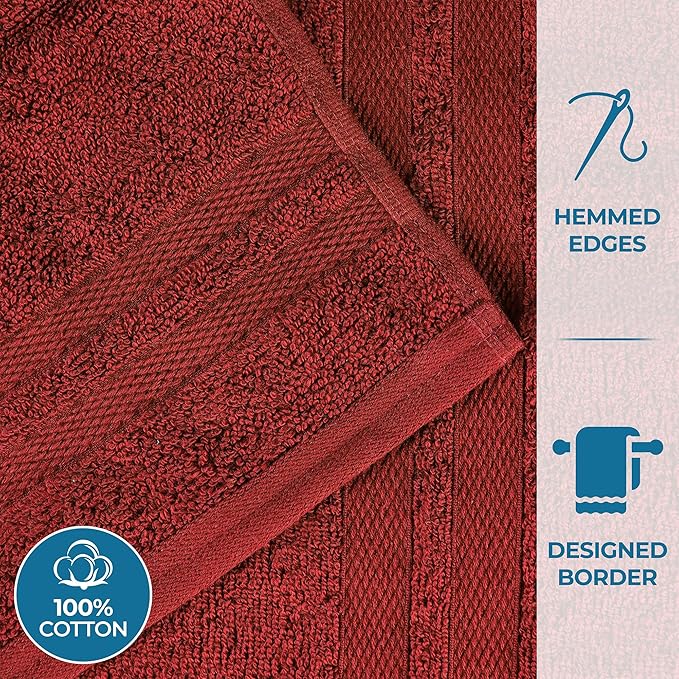 Superior Ultra-Soft 8-Piece Cotton Towel Set, Includes 2 Bath Towels, 2 Hand Towels, and 4 Washcloths, Daily Use Towels for Home, Bathroom, Guest Bath Room, Essential Quick Dry - Maroon