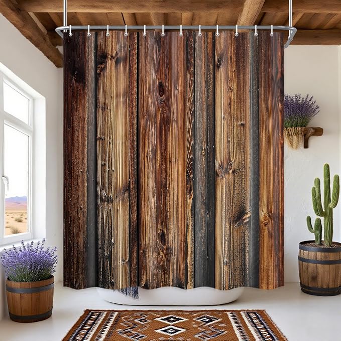 Rustic Brown Stall Shower Curtain, Rustic Barn Door Shower Curtain, Vintage Countryside Wood Board Fabric Bathroom Curtains, Farmhouse Waterproof Cloth Bathroom Sets with Hooks, 47"x64"