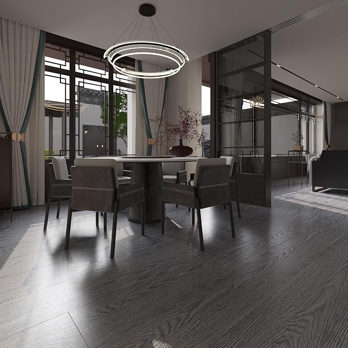 Hilarious Peel and Stick Vinyl Floor Tiles, Dark Gray Wood Look, 36 Planks Cover 54 Sq.Ft Waterproof Self-Adhesive Flooring for Kitchen Bathroom, Living Room, RV, Modern Style Vinyl Flooring, Easy DIY