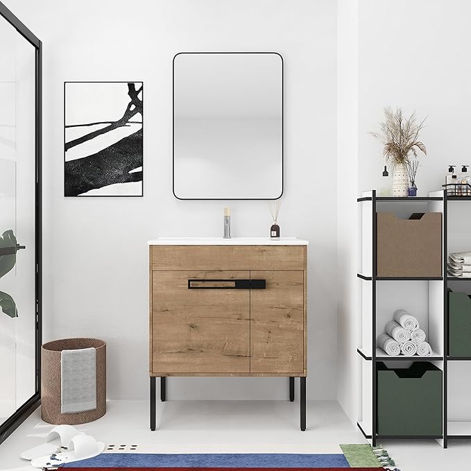 30'' Freestanding Bathroom Vanity, 30 Inch Floor Stand Bathroom Vanity with Sink, Single Ceramic Sink Cabinet Set, Modern Storage Cabinet, with Soft Closing Doors, Metal Handles, 00330IMO