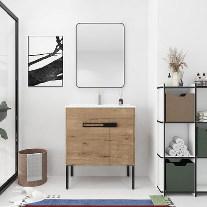 30'' Freestanding Bathroom Vanity, 30 Inch Floor Stand Bathroom Vanity with Sink, Single Ceramic Sink Cabinet Set, Modern Storage Cabinet, with Soft Closing Doors, Metal Handles, 00330IMO