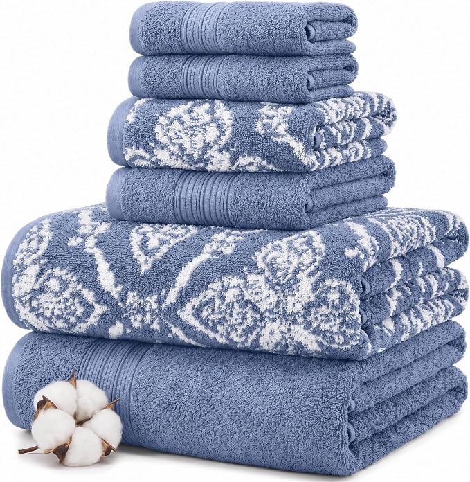Modern Threads Amaris 6-Piece Reversible Yarn Dyed Jacquard Towel Set - Bath Towels, Hand Towels, & Washcloths - Super Absorbent & Quick Dry - 100% Combed Cotton, Denim