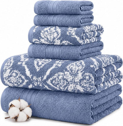Modern Threads Amaris 6-Piece Reversible Yarn Dyed Jacquard Towel Set - Bath Towels, Hand Towels, & Washcloths - Super Absorbent & Quick Dry - 100% Combed Cotton, Denim