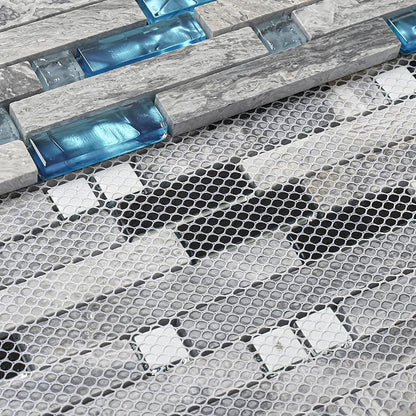 Gray Marble Tile for Kitchen Backsplash 12 in. x 12 in. x 8 mm Teal Blue Glass Mosaic Bathroom Shower Wall Linear Tiles (Pack of 5 Sheets)
