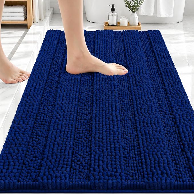 OLANLY Thick Bathroom Rugs 30x20, Soft Chenille Striped Bath Rugs, Navy | Rubber Backing, Machine Wash, Extra Absorbent Bath Mats for Bathroom Floor, Tub and Shower, Home Decor Accessories