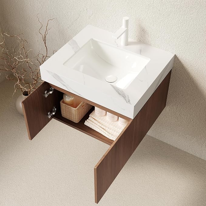 KEIKI 24 Inch Floating Bathroom Vanity with Sink, Brown Oak & White | Modern Wall Mounted Storage Cabinet with 2 Doors, Pre-assembled Wood Panels, Sintered Stone Top & Ceramic Basin Combo Set