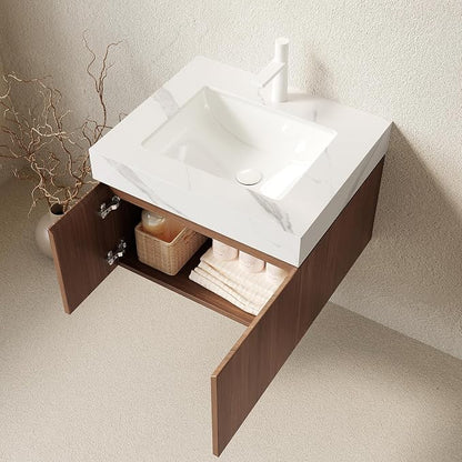 KEIKI 24 Inch Floating Bathroom Vanity with Sink, Brown Oak & White | Modern Wall Mounted Storage Cabinet with 2 Doors, Pre-assembled Wood Panels, Sintered Stone Top & Ceramic Basin Combo Set