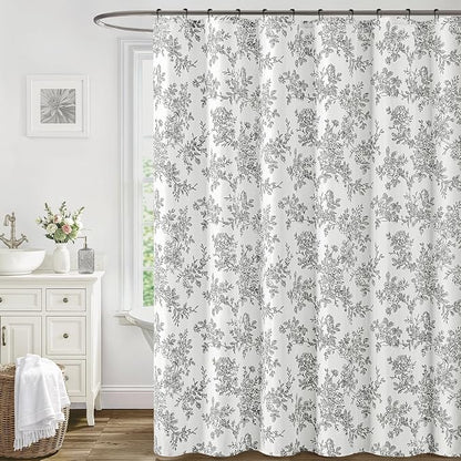 Extra Long Black Floral Shower Curtain W72*L84 Inches Long | Linen Textured Fabric, 12 Rustproof Metal Hooks, Wrinkle Resistant Cloth, Machine Washable, Bathroom Decor for Cottage Core