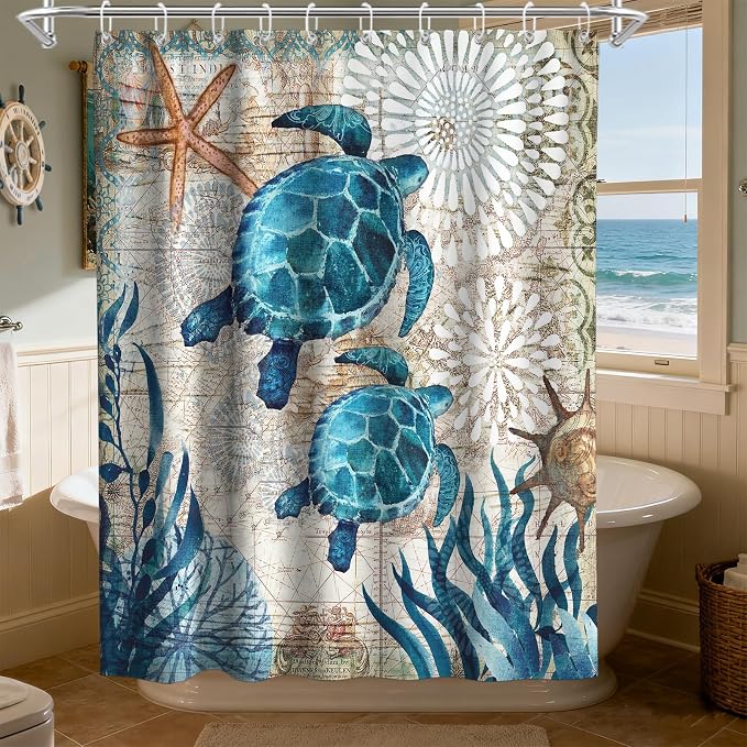 Nautical Beach Ocean Shower Curtain, Cute Tropical Coastal Sea Turtles Shower Curtains for Bathroom, Waterproof Bath Curtain with Hooks Machine Washable Bathtub Curtains 60x72 Inch Blue Teal