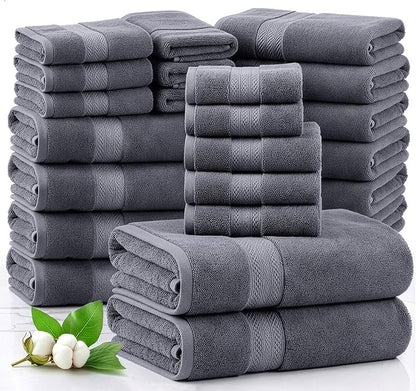 LANE LINEN 100% Cotton Bath Towels Set - 24 PCs - Durable, Quick Dry, Super Soft & Highly Absorbent - 4 Bath, 4 Fingertip, 6 Hand Towels, 8 Washcloths, 2 Bath Sheets - Perfect Family Set - Cool Grey | Towels And Washcloths Sets - Oversized & Roomy, Lig...