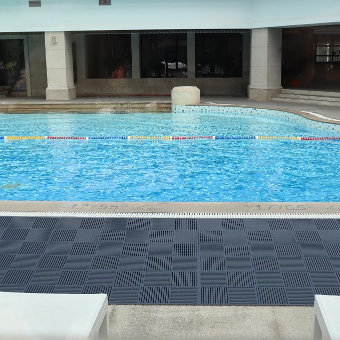 18 Pack Modular Interlocking Tiles Double Non-Slip 12"x12" Dark Gray | 0.4" Thick with Drain Holes for Pool Deck Shower Garage Basement Boat Pet Area Wet Floors Easy Install