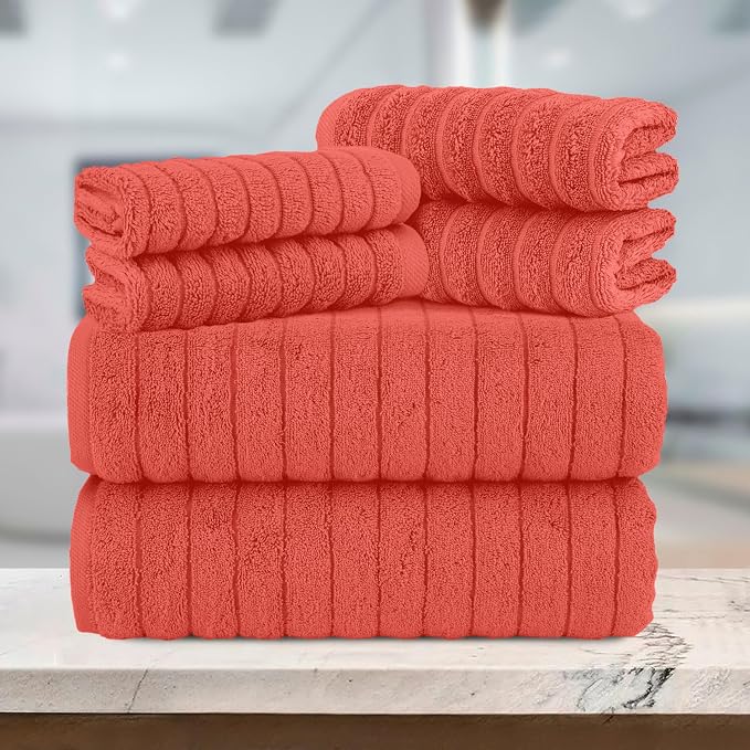 Elegant Comfort 100% Turkish Cotton Corduroy Ribbed Luxury Bath Towels 6-Piece Set, Premium Feel - Quick Dry, Highly Absorbent, Contains 2 Bath Towels, 2 Hand Towels, and 2 Washcloths, Coral