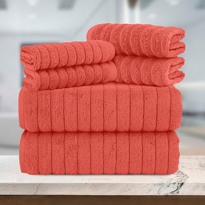 Elegant Comfort 100% Turkish Cotton Corduroy Ribbed Luxury Bath Towels 6-Piece Set, Premium Feel - Quick Dry, Highly Absorbent, Contains 2 Bath Towels, 2 Hand Towels, and 2 Washcloths, Coral