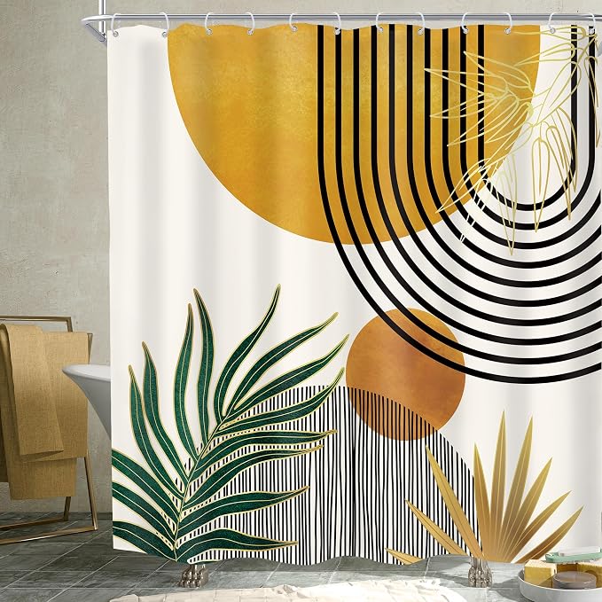 Mid Century Boho Abstract Modern Sun Minimalist Bathroom Shower Curtain Set | 72Wx72H Arch Curve design, waterproof HD print with fast-drying fabric and 12 hooks.