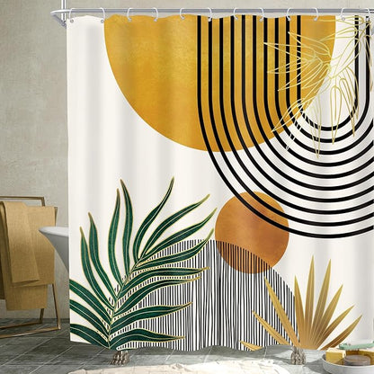 Mid Century Boho Abstract Modern Sun Minimalist Bathroom Shower Curtain Set | 72Wx72H Arch Curve design, waterproof HD print with fast-drying fabric and 12 hooks.
