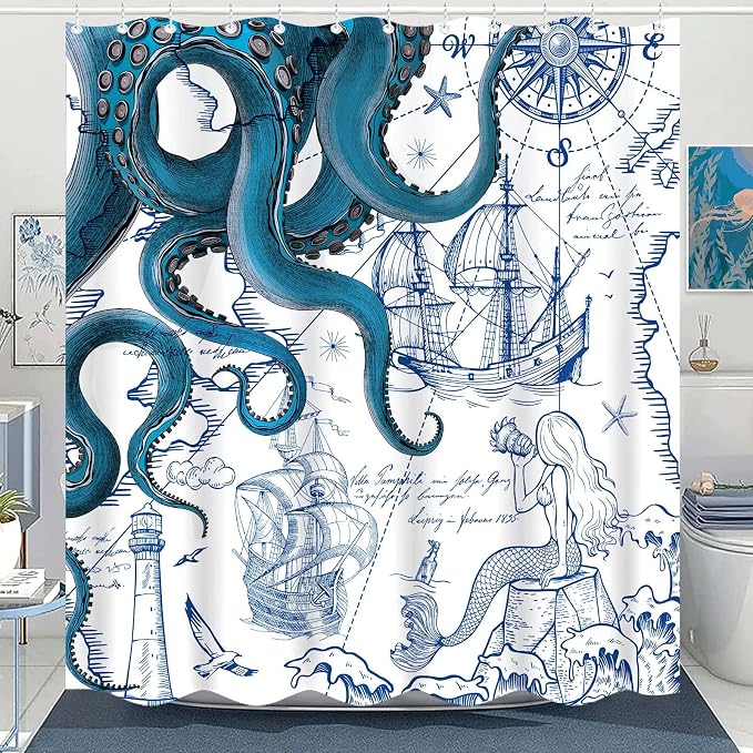 Fungarth Long Blue Nautical Octopus Shower Curtain Navy Mermaid Funny Ocean Kraken Shower Curtains for Bathroom Cool Anchor Coastal Map Waterproof Fabric Bath Curtain with Hooks (Blue, 72” x 78”)