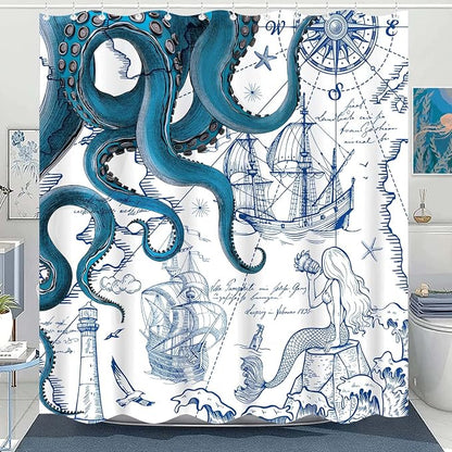 Fungarth Long Blue Nautical Octopus Shower Curtain Navy Mermaid Funny Ocean Kraken Shower Curtains for Bathroom Cool Anchor Coastal Map Waterproof Fabric Bath Curtain with Hooks (Blue, 72” x 78”)
