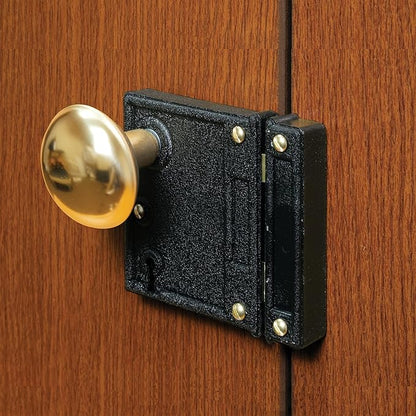 Prime-Line E 2437 Vertical Trim Vintage Lock Set – Cast Steel, Brass Plated Knobs, Antique Skeleton Key Lock System – 2-1/2” Backset, Surface Mounted, Right-Hand Swing-In Interior Doors (Single Pack)