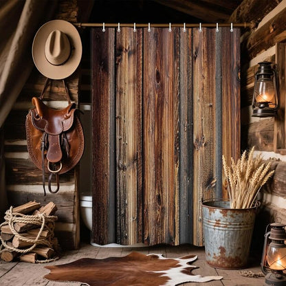Wooden Board Brown Rustic Shower Curtain, Farmhouse Barn Door Cloth Set for Bathroom, Vintage Countryside Wood Board Fabric Bathroom Decor Curtains, Waterproof Bathroom Sets with Hooks, 72"x72"